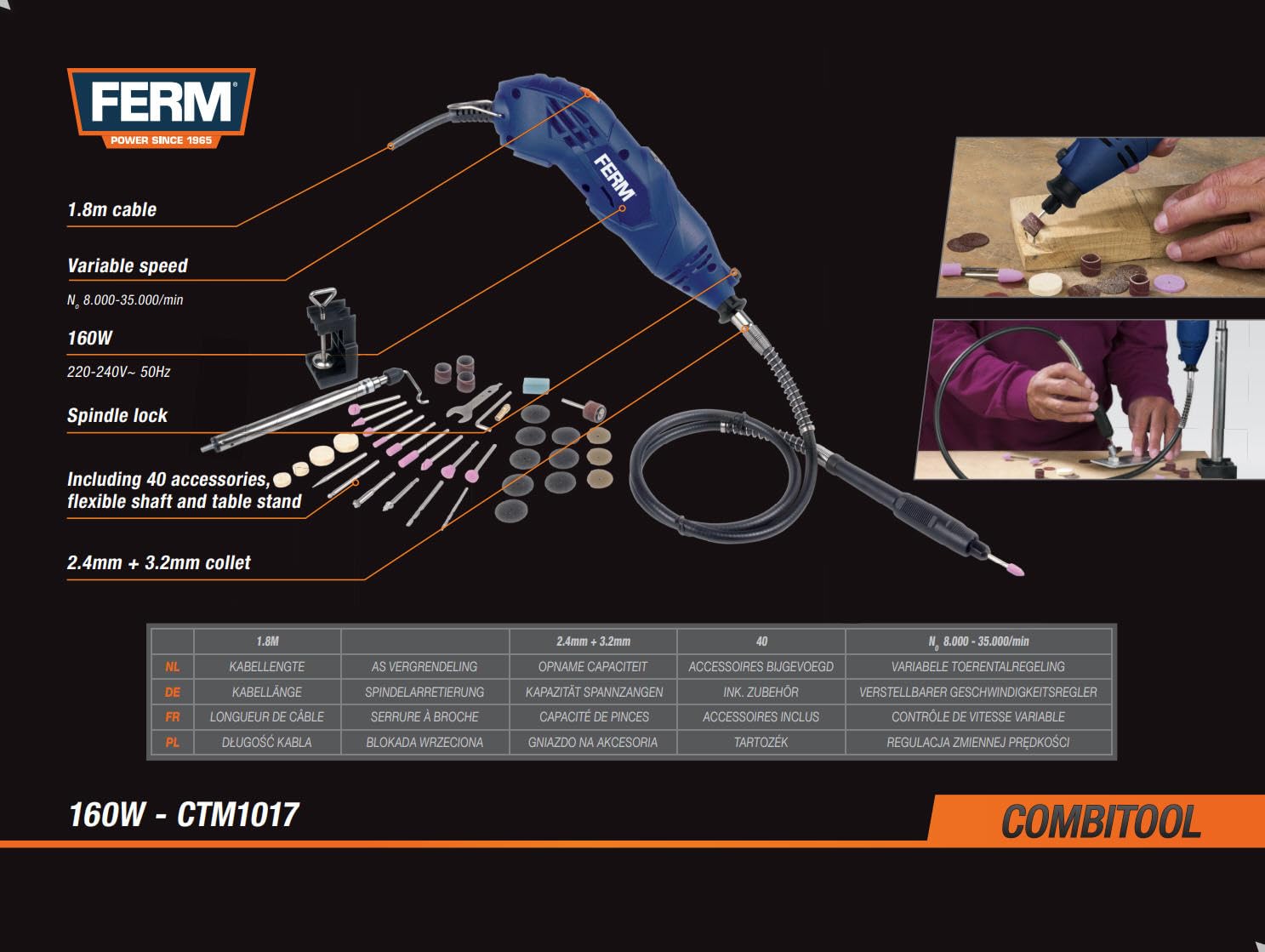 FERM Utensile multifunzione 160W con albero flessibile e supporto da tavolo – Velocità variabile – 40 accessori – In valigetta
