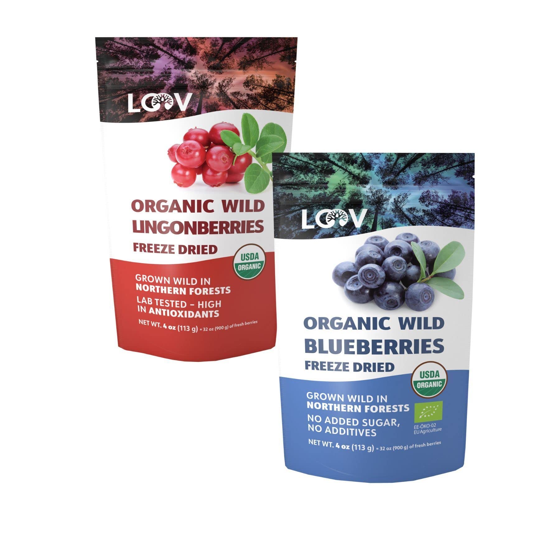 LOOV Whole Berry Bundle | Organic Whole Wild Blueberries and Organic Wild Lingonberries | No Added Sugar | Freeze Dried Berries from Northern Europe | 4oz Packs