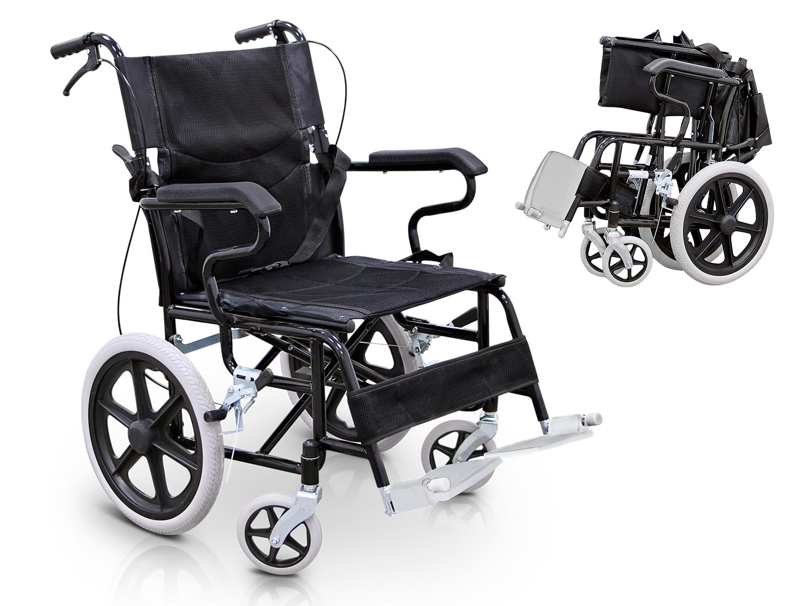 QUIRUMED Fauteuil roulant pliable pour le transfert, Repose-pieds rabattables, Ceinture de sécurité, Freins sur les poignées, Jusqu'à 120 kg