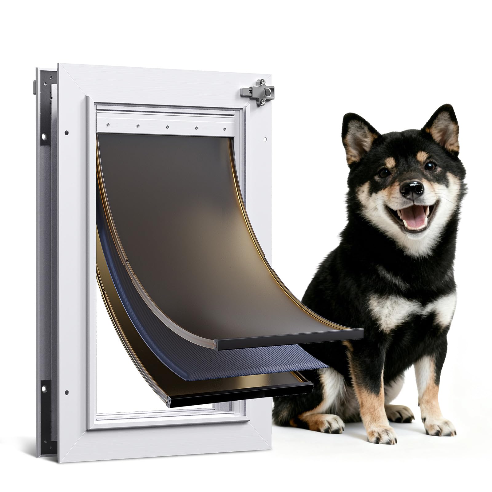 Dog Door for Door All Aluminum Alloy 3 Flaps White, Medium Doggy Doggie Door, Cat Door Heavy Duty Pet Door for Dogs, Insulation Flap and Lockable