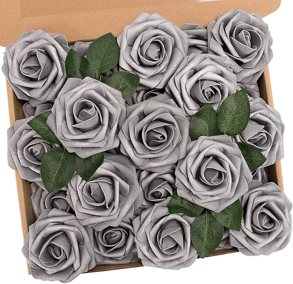 N&T NIETING Artificial Roses, 25Pcs Real Touch Foam Roses with Stems for Wedding Bridal Bouquet, Mother's Day, Baby Shower, Home Decoration, Mixed Colors