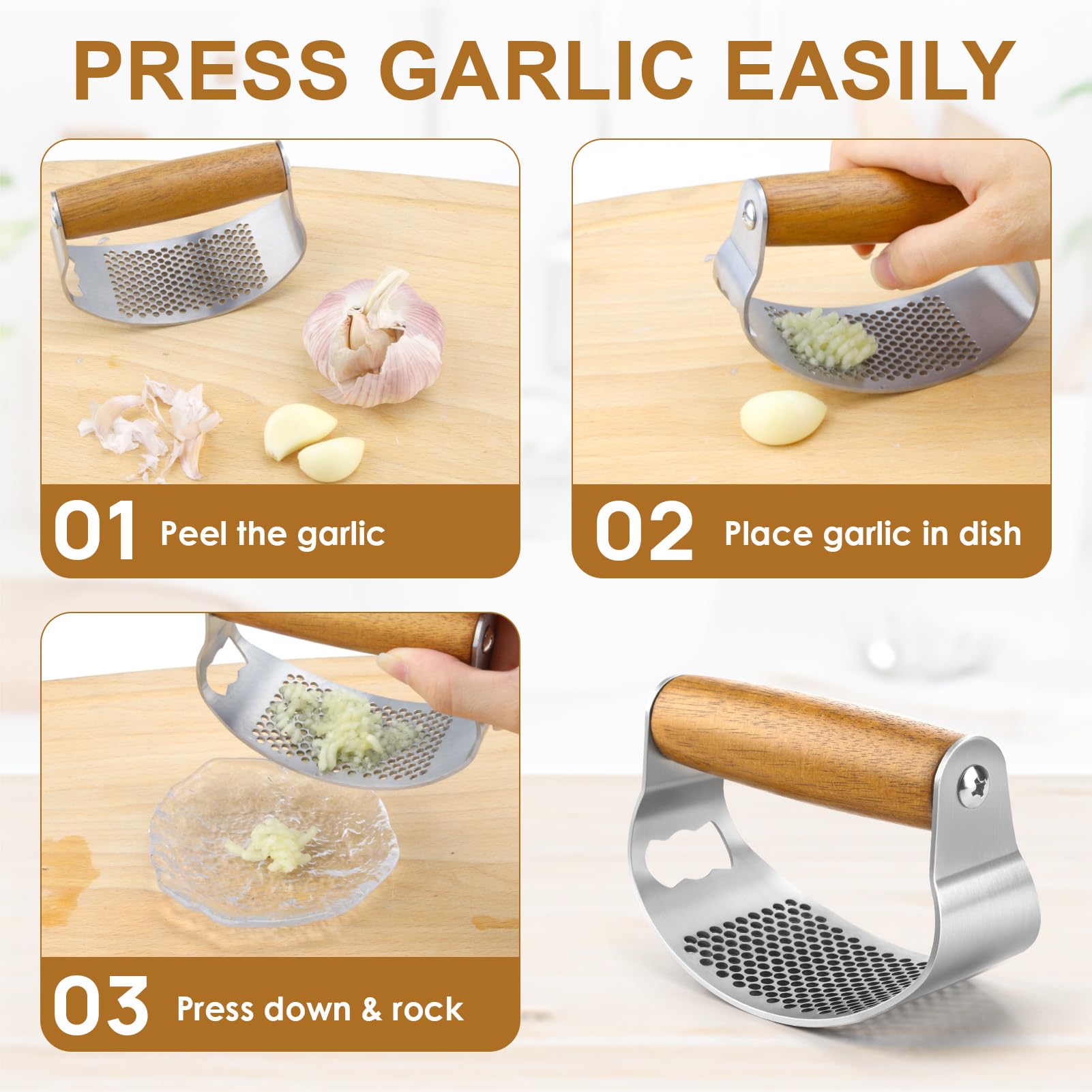 GlasFlength Garlic Crusher wyciskacz do czosnku ze stali nierdzewnej, do czosnku, łatwa do czyszczenia za pomocą małego pędzla