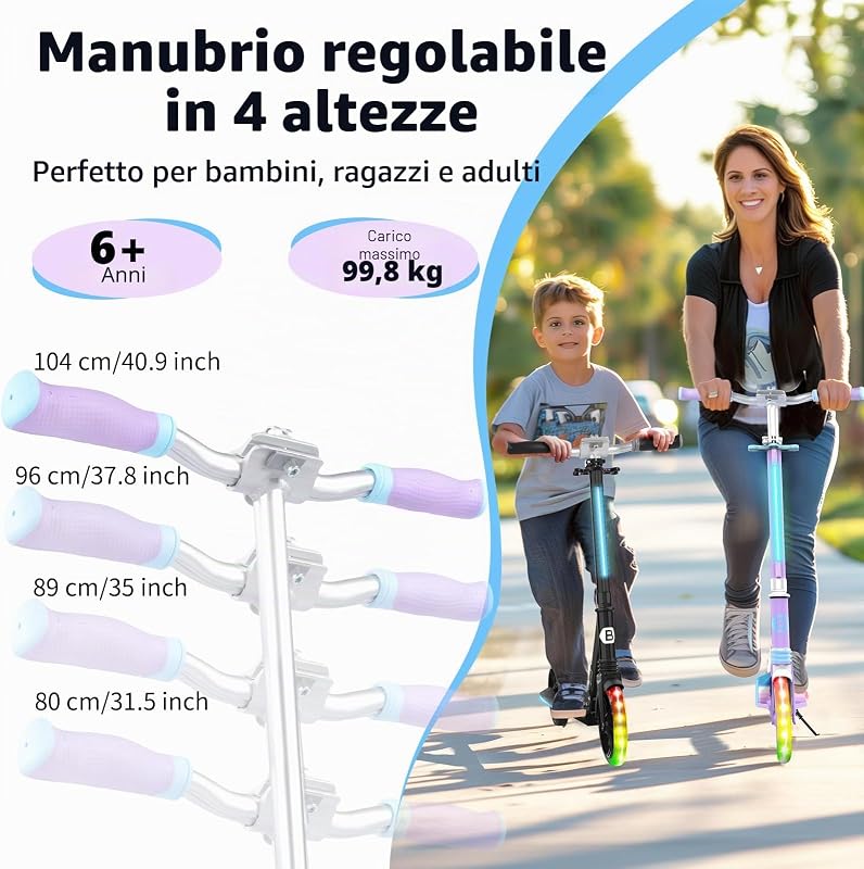 Trotinetă pliabilă BELEEV cu înălțime reglabilă, roți LED de 200 mm, pentru copii și adulți, până la 100 kg