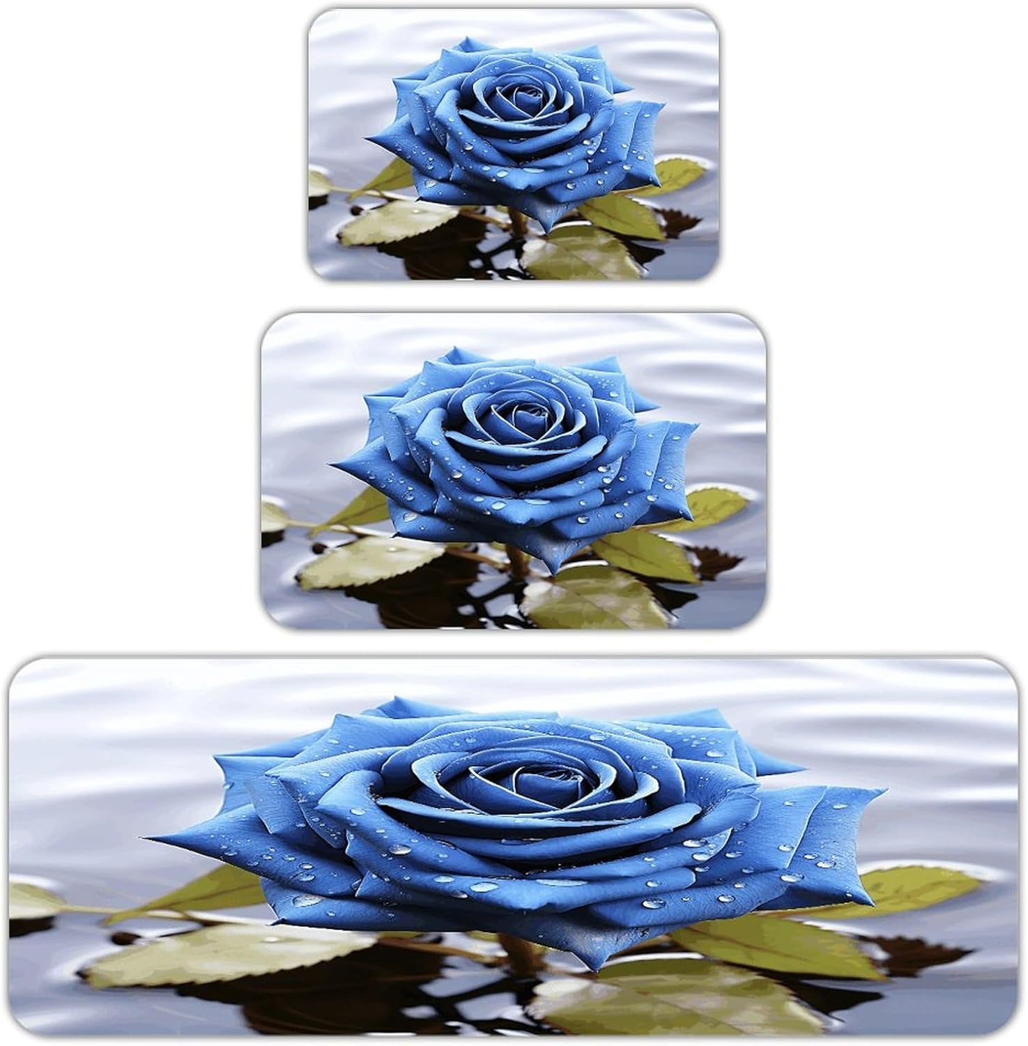 Romantic Blue Rose Kitchen Rugs Sets of 3 Washable Non Slip Kitchen Rug Water Resistant Carpet Piece Anti Fatigue Kitchen Mats Soft Comfort Standing Mat Modern Area Rug