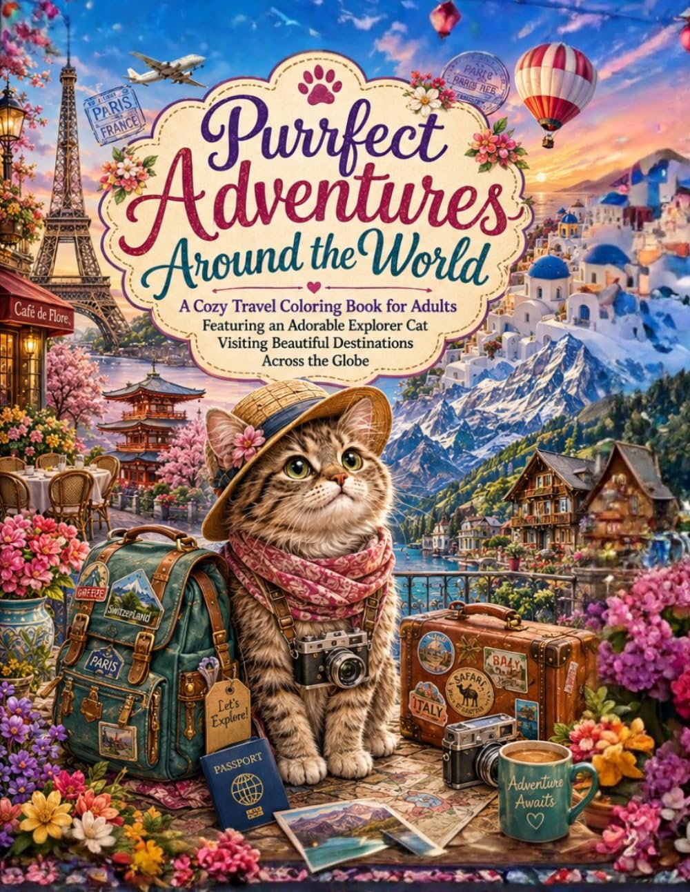 Purrfect Adventures Around the World: A Cozy Travel Coloring Book for Adults Featuring an Adorable Explorer Cat Visiting Beautiful Destinations Across the Globe