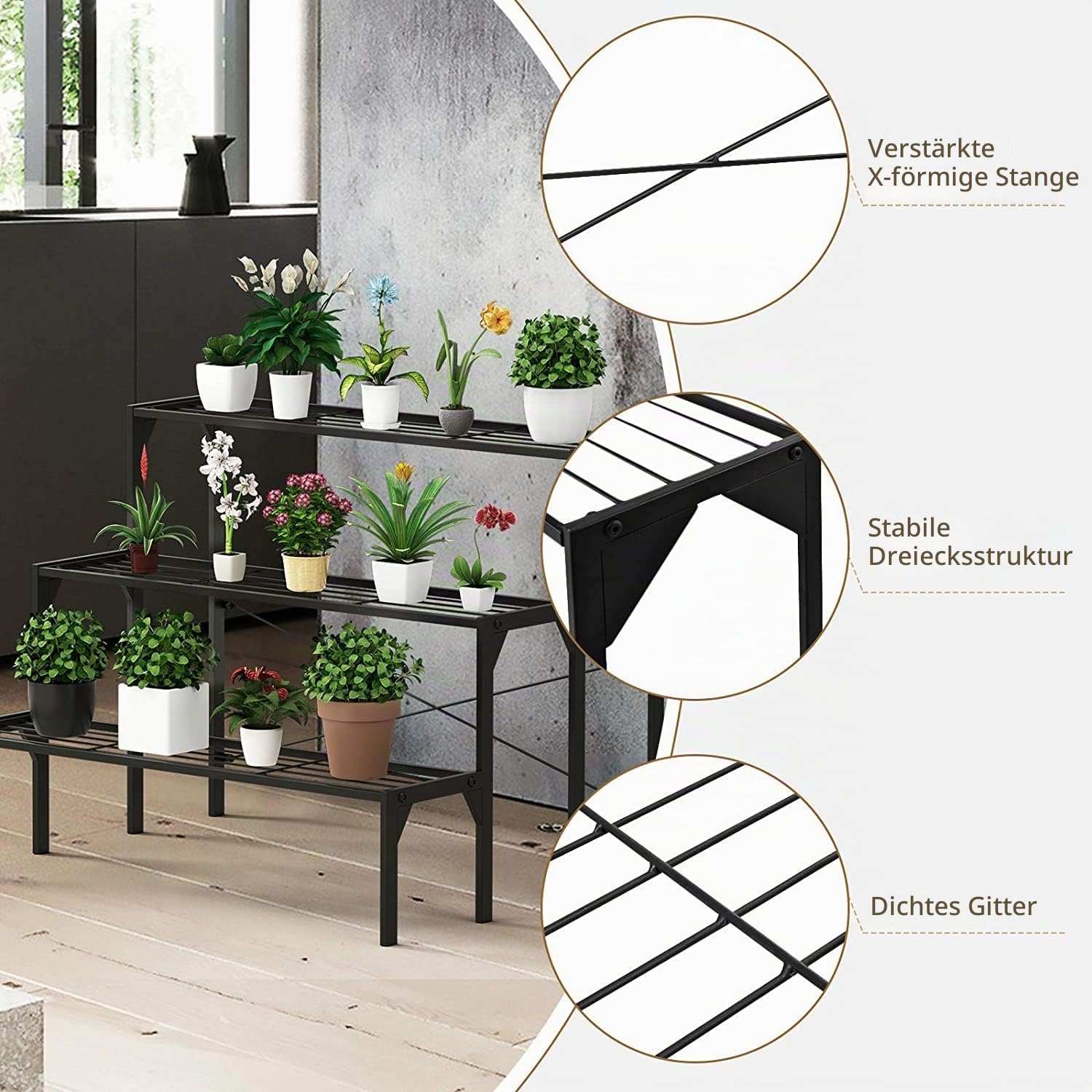 RELAX4LIFE Blumentreppe 3-stufig, Blumenregal aus Metall, Blumenständer mit 3 Ebenen, Pflanzenständer Freistehend, Pflanzentreppe für Balkon Terrasse Garten Wohnzimmer (Leiterform 2)