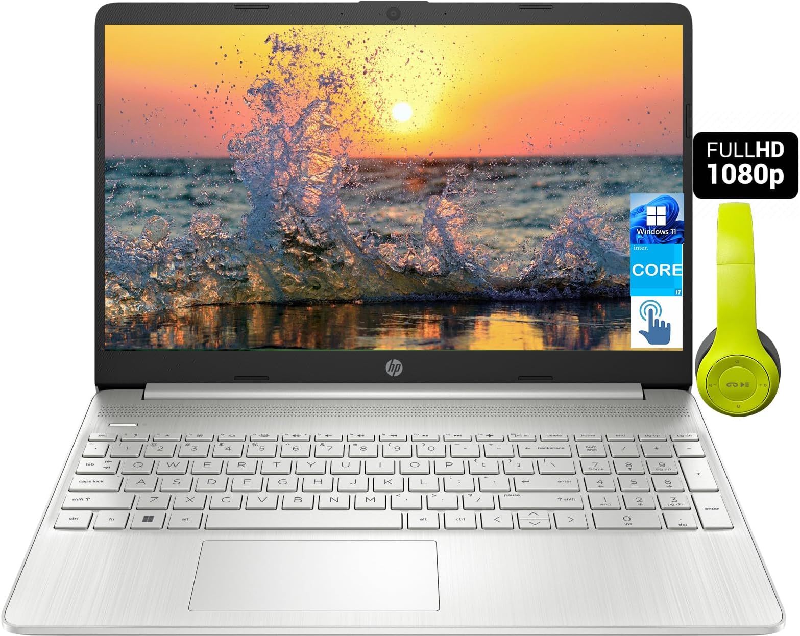 HP Laptop, 15.6'' FHD Touch Screen, Intel Core i7-1165G7, 12GB RAM, 512GB SSD, Windows 11 Pro, 10 Number Key, USB C, for Business and Student, Silver, Durlyfish Headphone