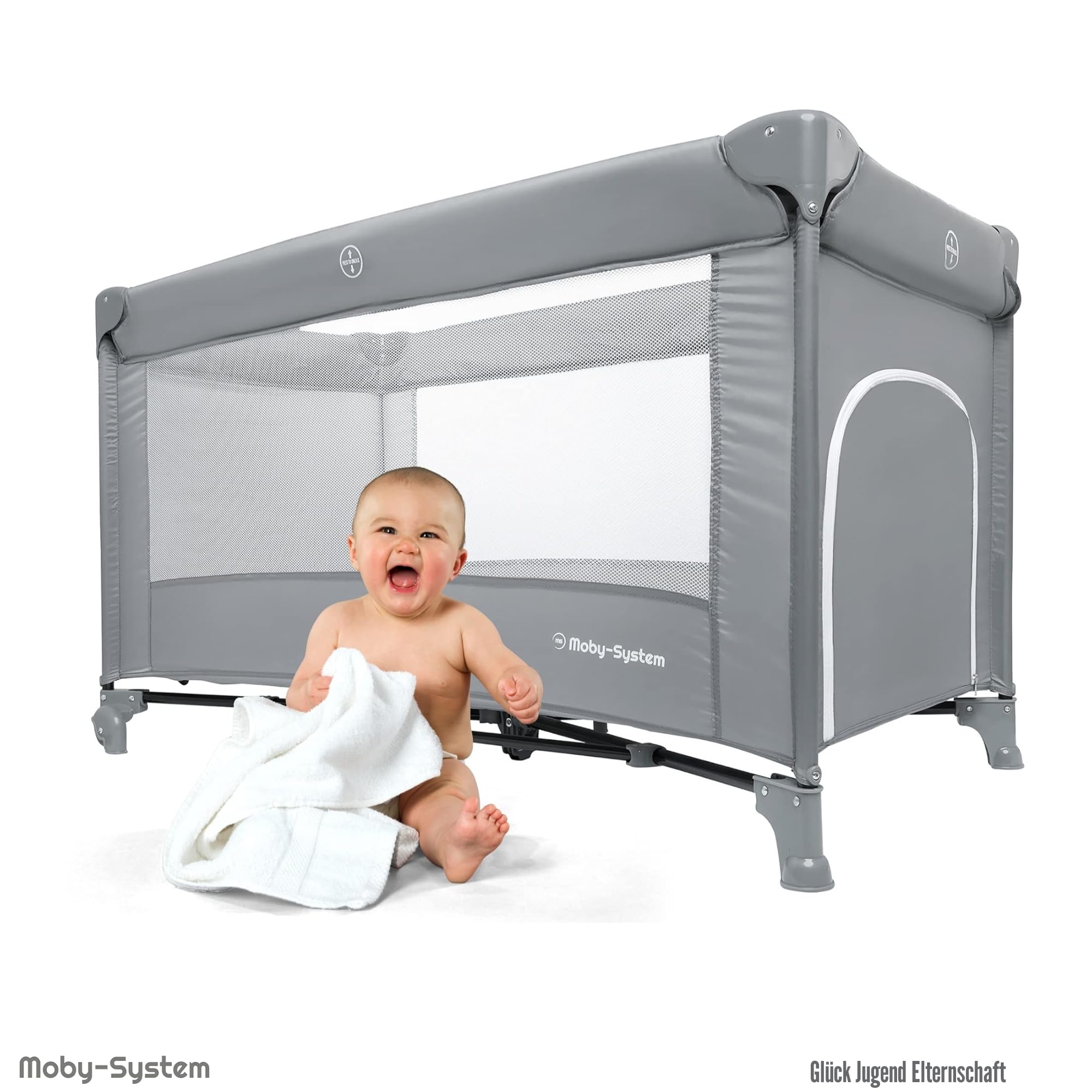 Moby-System Baby Reisebett 128x68 cm – faltbares Kinderreisebett mit Matratze & Tragetasche – Laufstall mit Seitenausgang – für Babys bis 15 kg - Grau