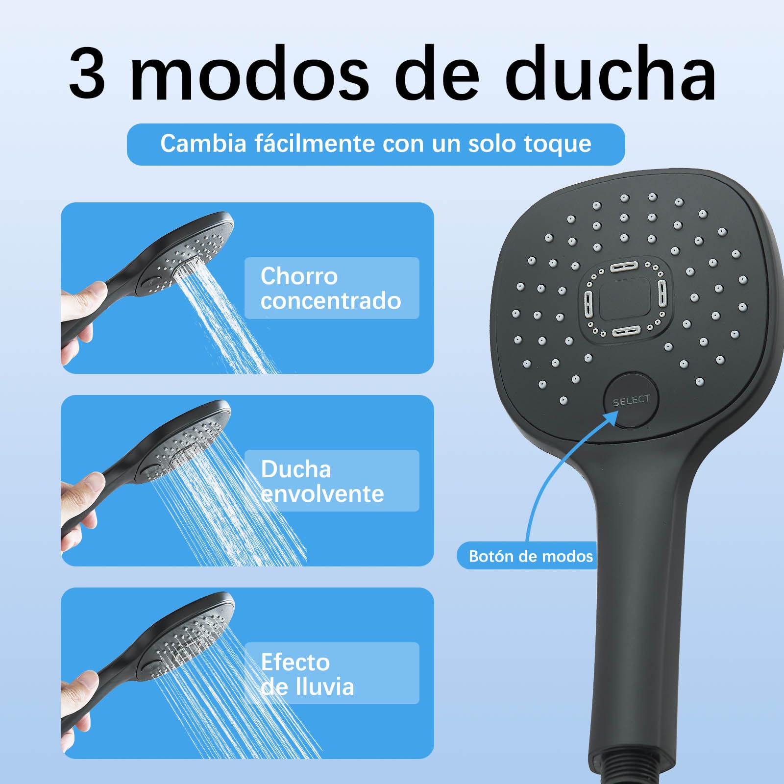 Colonna doccia fissa - Set doccia a pioggia rettangolare 29 x 19 cm nero - Kit completo con soffione a mano e pannello a pioggia - Acciaio inossidabile e ottone