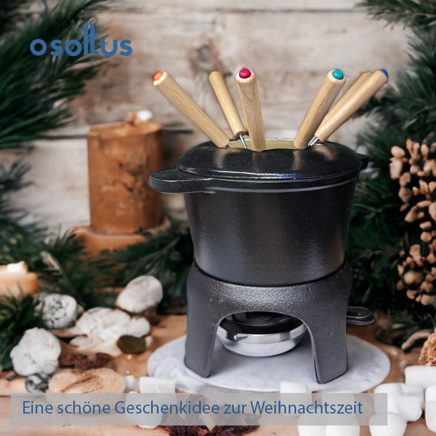 osoltus Fondue | Käsefondue | Fleischfondue Set Gusseisen 6 Personen Emaille schwarz