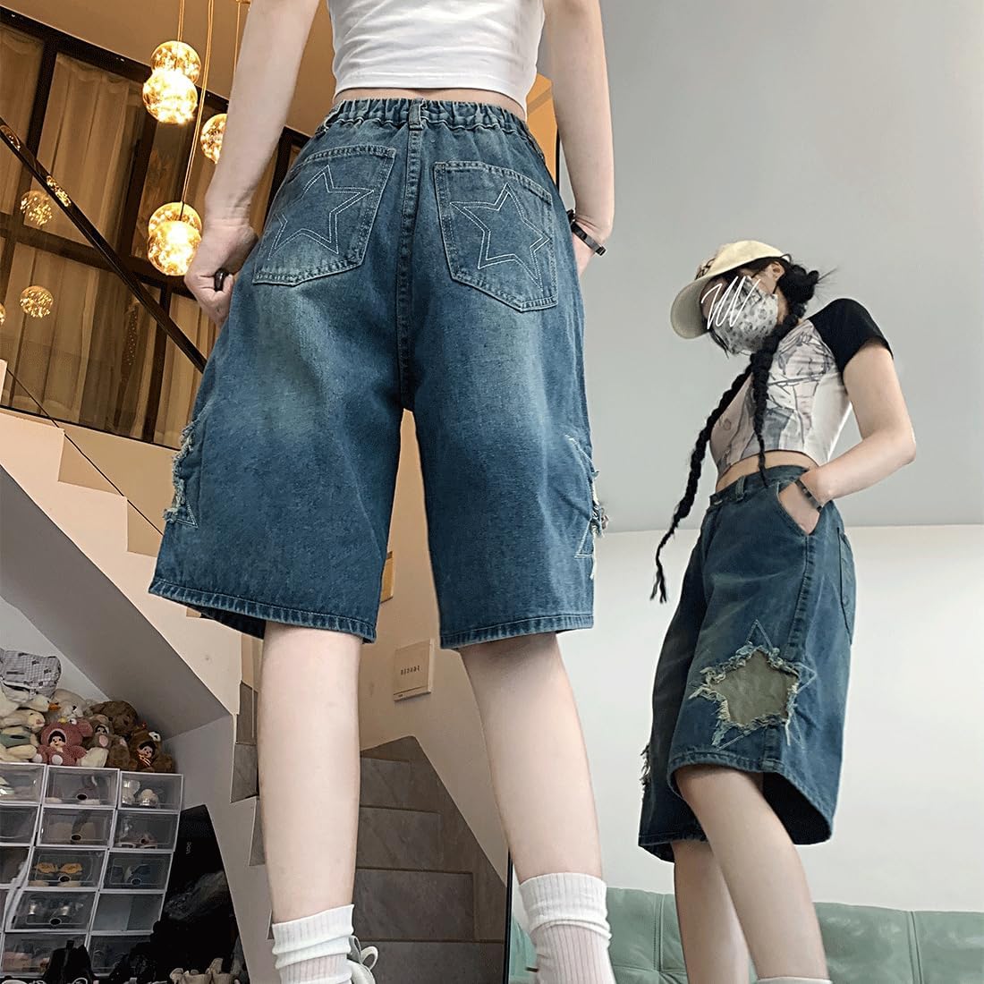 Y2K Gothic Grunge Casual Style High Waist Wide Leg Vintage Distressed Frayed Stars Trim Denim Cargo Shorts