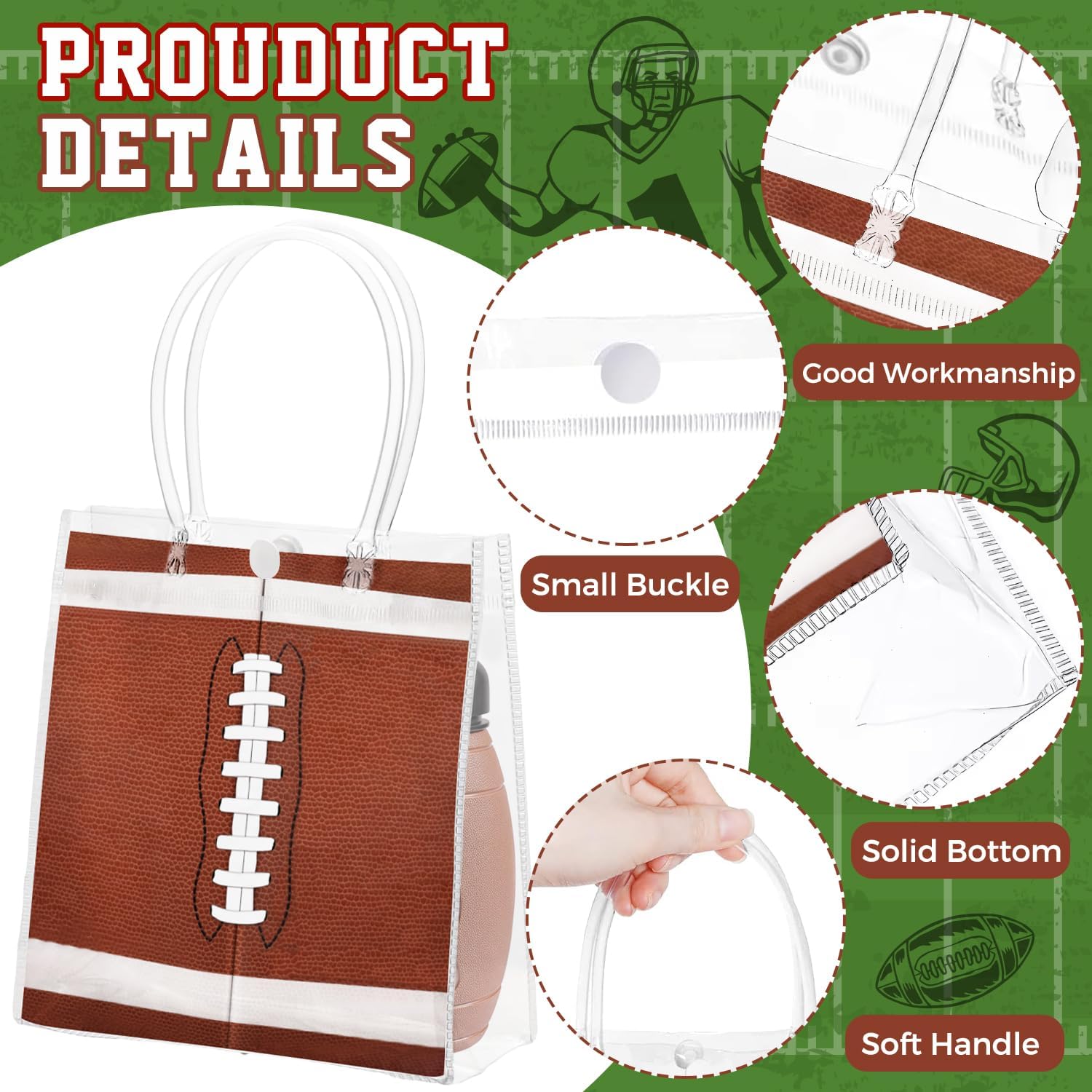 FULJOOY 24 Pcs Football Gift Party Bags with Handles Transparent Treat Goodie Gift Wrap Clear PVC Tote 8x8x3.15 Inch Snack Bag for Sport Theme Boys Birthday Party Favor Baby Shower Decoration Supplies - Image 6
