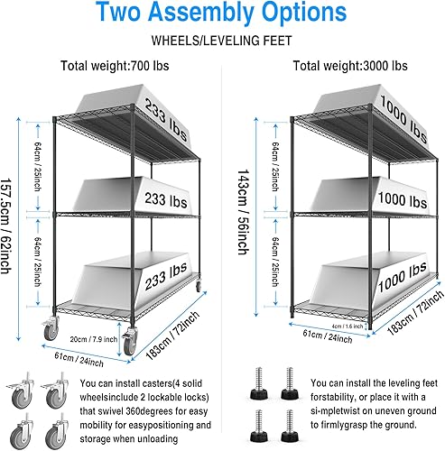 Miniatura 3 de Estantería de alambre NSF de 3 niveles, 24 x 72 x 62 pulgadas, 3000 libras de capacidad, estante de almacenamiento ajustable resistente con ruedas