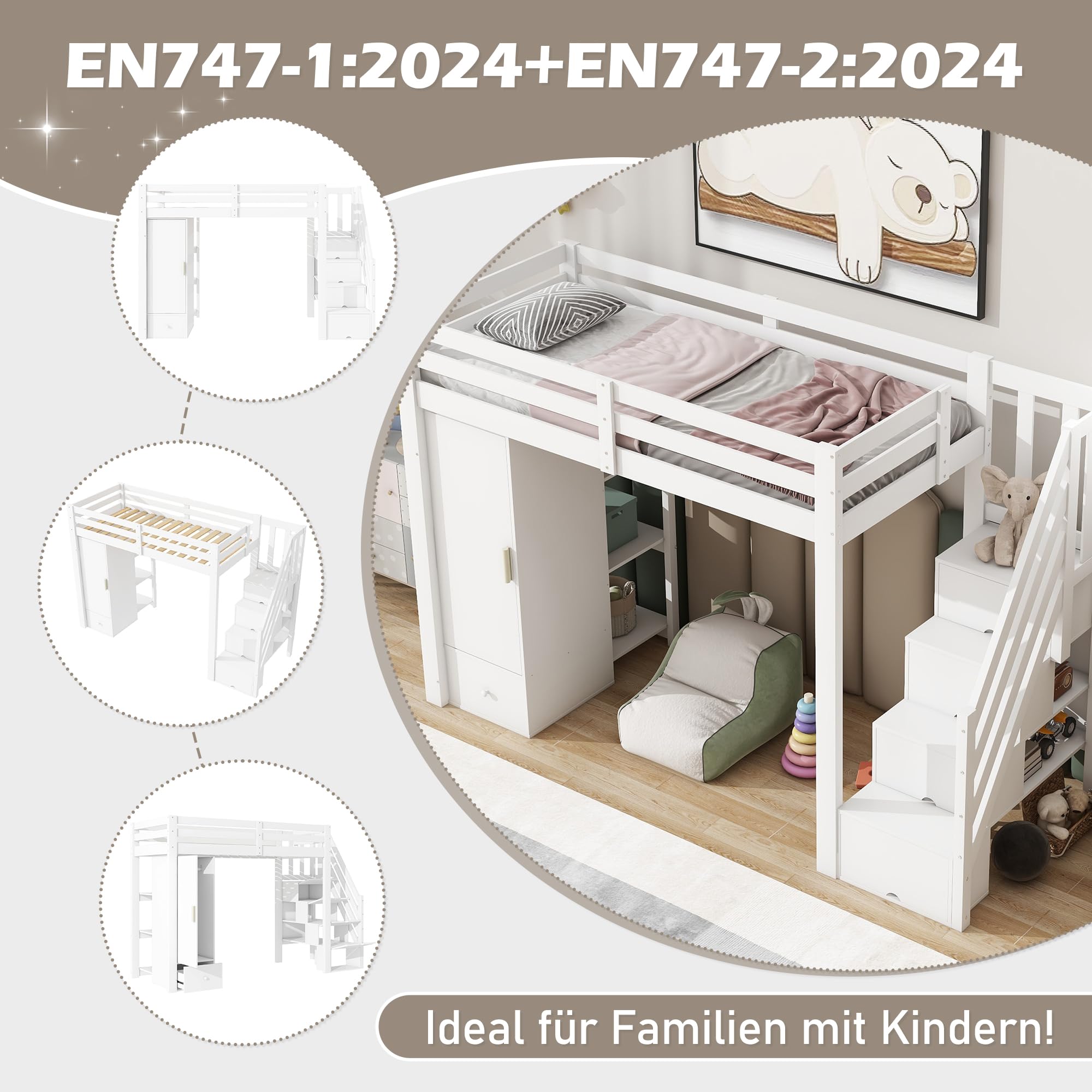 Cama alta para niños, 90 x 200 cm, sin colchón, barandilla individual, escalera plegable, cajones, armario, varios estantes, espacio libre combinable según sea necesario