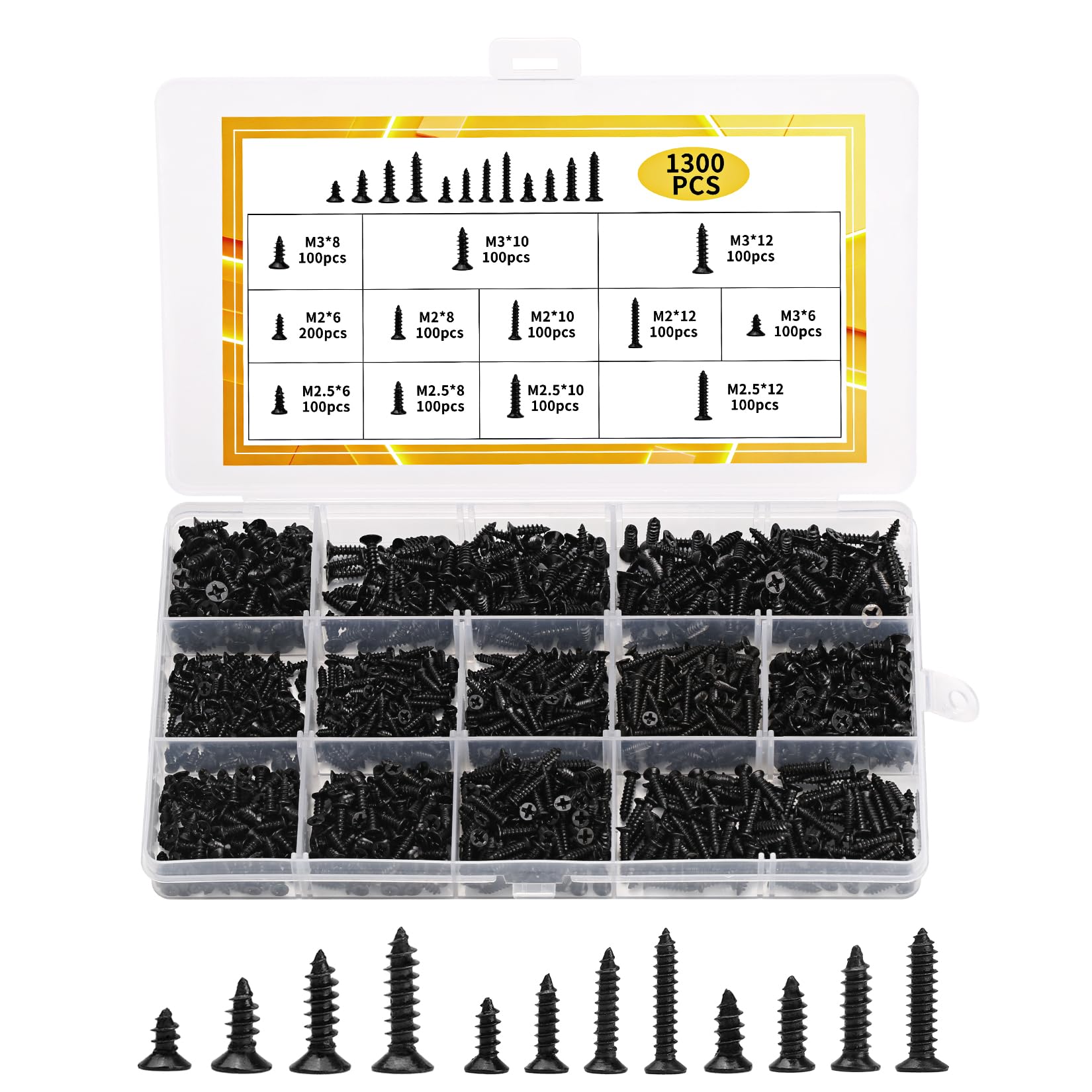 Photo 1 of 1300 Pcs Wood Screws Assortment Kit, M2 M2.5 M3 Small Phillips Flat Head Self Tapping Screws for Wood, Tiny Phillips Countersunk Screw Set for DIY Woodworking Plastic Furniture(Black)