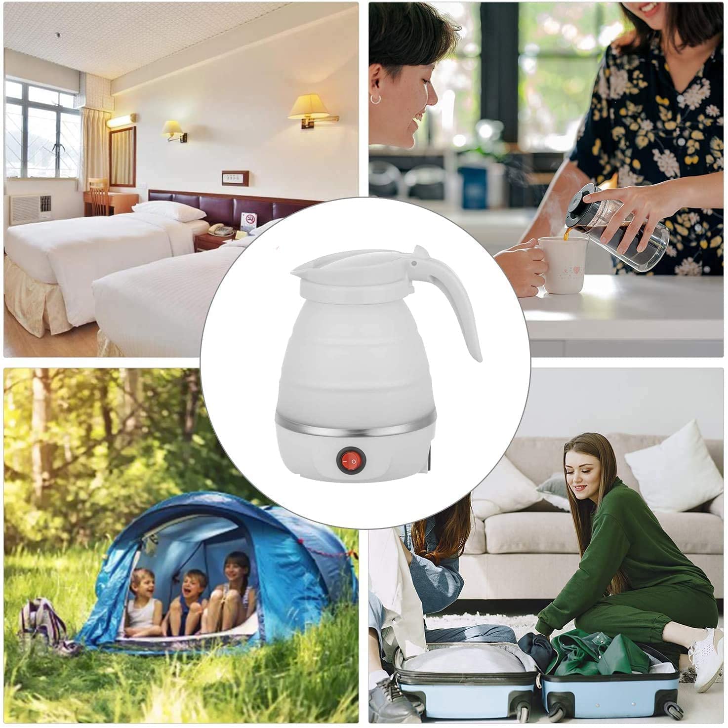 Hervidor eléctrico plegable, hervidor portátil de viaje de silicona de grado café té mini para hervir agua 600 ml caldera de calefacción de aislamiento tetera para acampar (blanco) práctico