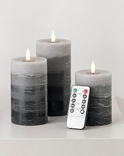 Distressed Gradient Gray Flameless Candles with Remote and Timer, Real Wax Made LED Pillar Candles Battery Operated with 3D Flickering Flame - 3" x 4", 3" x 5", 3" x 6" - Set of 3