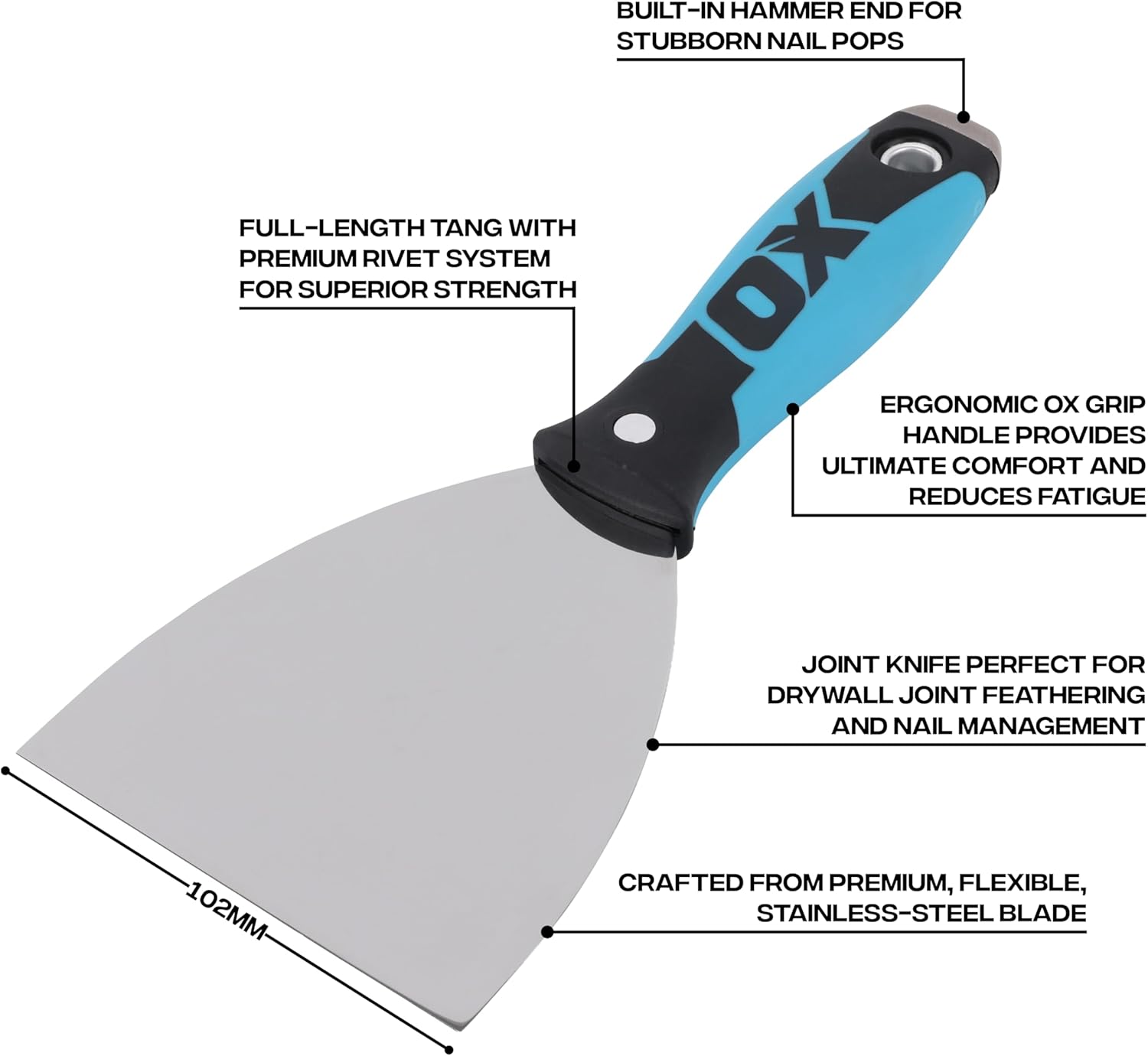 Premium Drywall Putty Knife 4-Inch - Professional Stainless Steel Mud Knife, Joint Compound - Comfort Grip Handle with Metal Hammer End - Taping & Mudding Tools - Esptulas para Drywall Knives