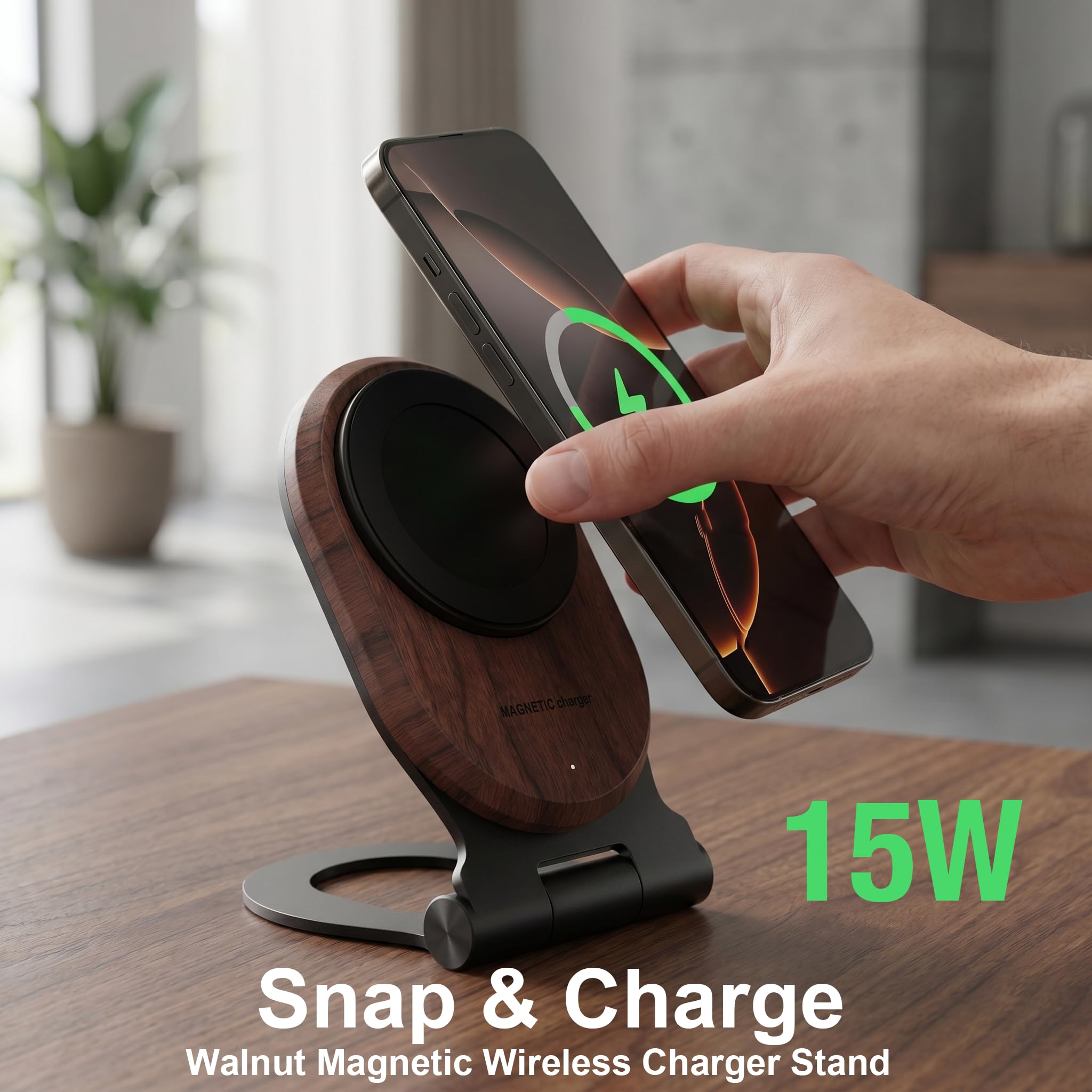 Soporte magnético de madera de nogal, base de carga rápida plegable de 15 W con ángulo ajustable de 0 a 85°, compatible con MagSafe para iPhone 17/16/15/14/13/12, decoración de escritorio y