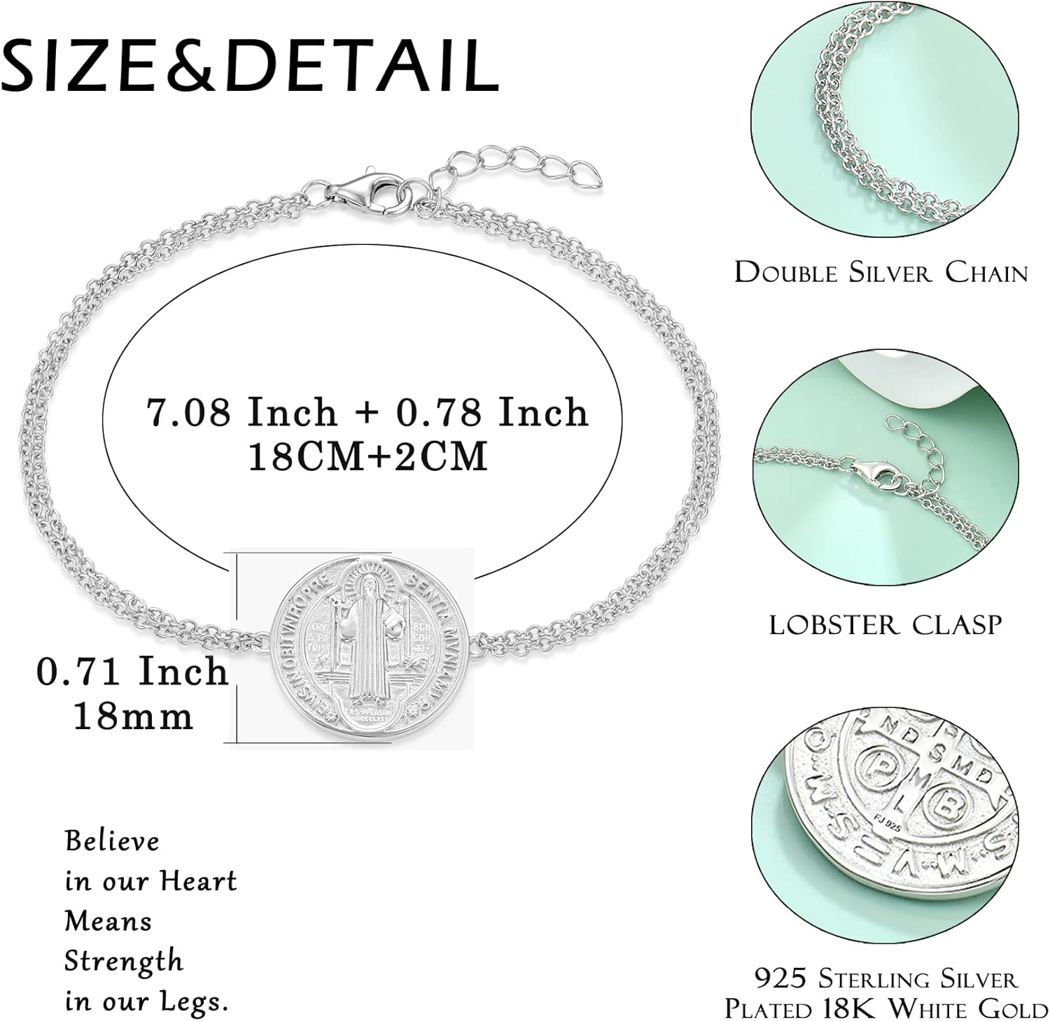 FJ Saint Benedict Bracelet 925 Sterling Silver Patron St Benedict Medal Amulet Protection Religious Jewelry for Men Women - Image 4