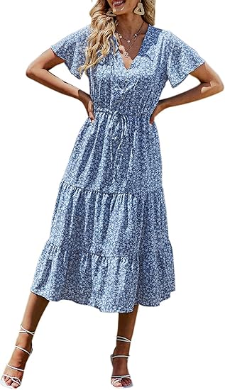 PRETTYGARDEN Summer Floral Dress for Women 2025 Casual Boho Short Sleeve Maxi Dresses V Neck Tiered Flowy Beach Sundress