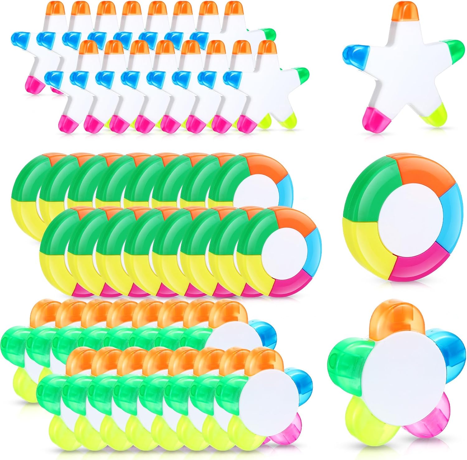 Dunzoom 48 Pcs Highlighter with Star Petals Round Shape Assorted Colors Back to School Watercolor Highlighter Pens 5 in 1 Fluorescent Pens for School Office Stationery Aesthetic Supplies