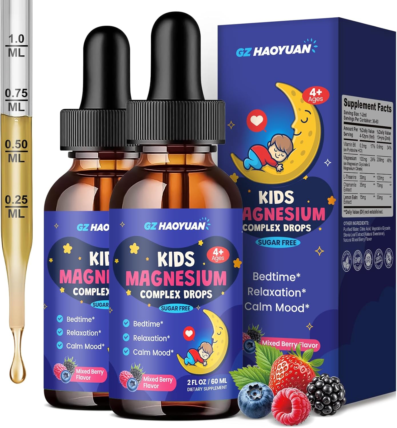 Kids Magnesium Liquid-Magnesium Glycinate Drops for Kids, Citrate Liquid with L-theanine, Chamomile & Vitamin B6 for Sleep, Relaxation, Calm & Focus - Mixed Berry Flavor 2 Fl Oz, 2 Pack