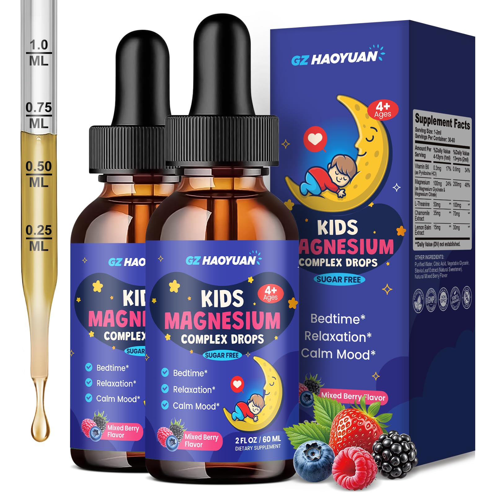 Kids Magnesium Liquid-Magnesium Glycinate Drops for Kids, Citrate Liquid with L-theanine, Chamomile & Vitamin B6 for Sleep, Relaxation, Calm & Focus - Mixed Berry Flavor 2 Fl Oz, 2 Pack Mixed Berry 2 Fl Oz (Pack of 2)