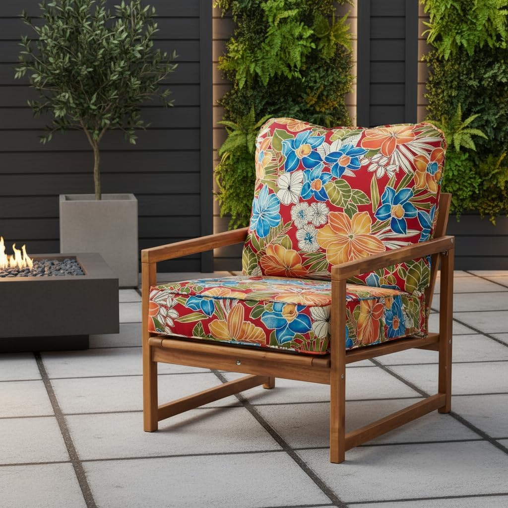 Outdoor Deep Seat Cushion Set 24x24 Seat + 28x22 Back – Plush Fiber Fill Seat, Patio Lounge Replacement Cushion, Corded Trim, Durable Polyester Fabric with Ties, Aloha Red Floral