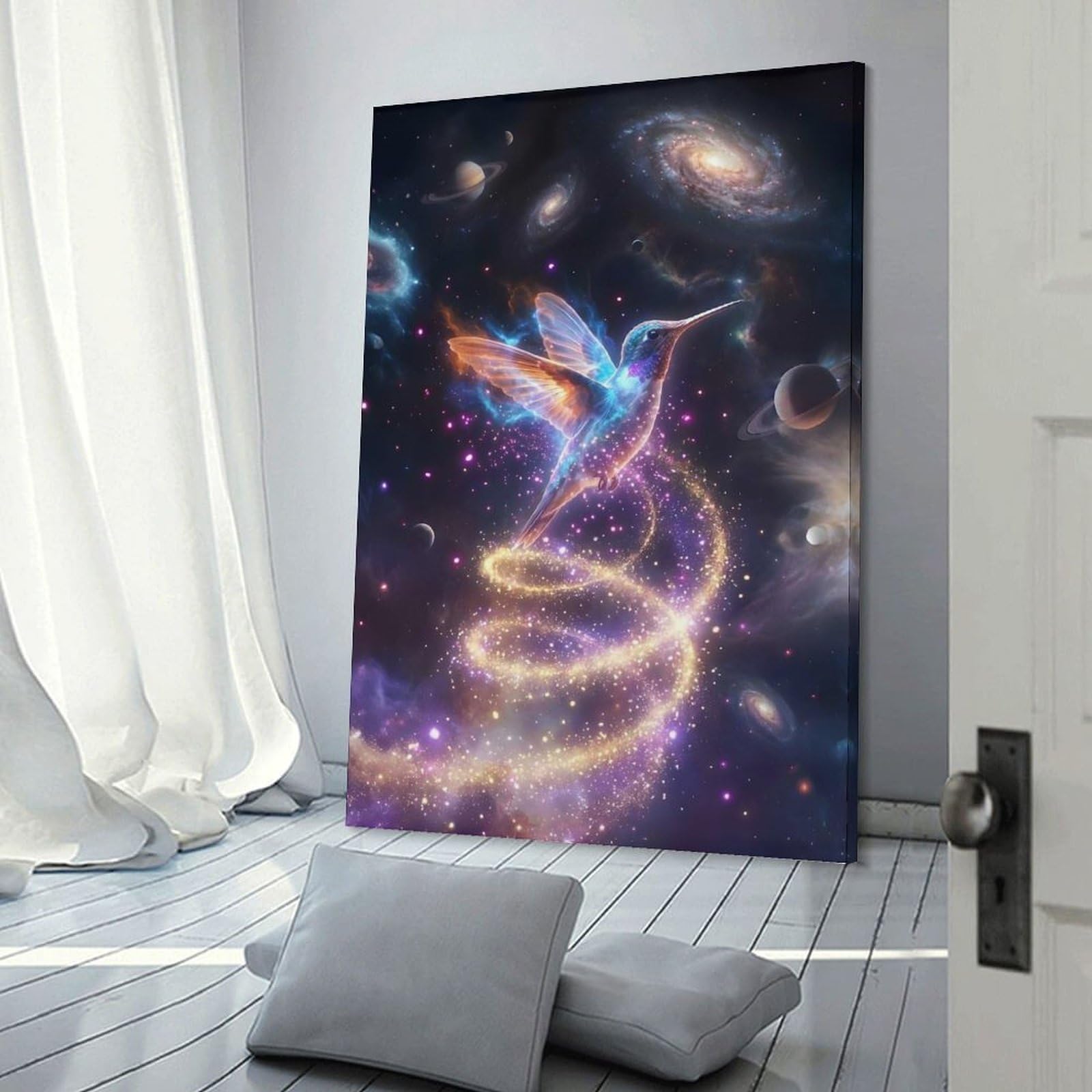 Junmoney Canvas Wall Decor Cosmic Hummingbird in Nebula, 24x36inch(60x90cm), for Bedroom Decor, Cosy Corners Or Studios, Decorative Wall Art for Cosy Rooms