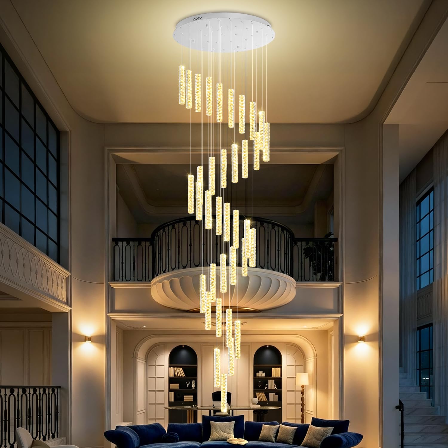 Photo 1 of IDEQUY Crystal Spiral Chandelier, 150in Long, 36-Light Silver LED