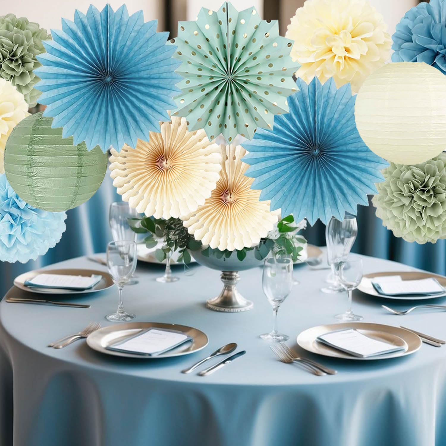 Dusty Blue Sage Green Party Decorations Light Blue Tissue Pom Poms Flowers Beige Paper Fans Lantern Circle Dot Garlands for Baby Shower Bridal Shower Wedding Birthday Party Decorations