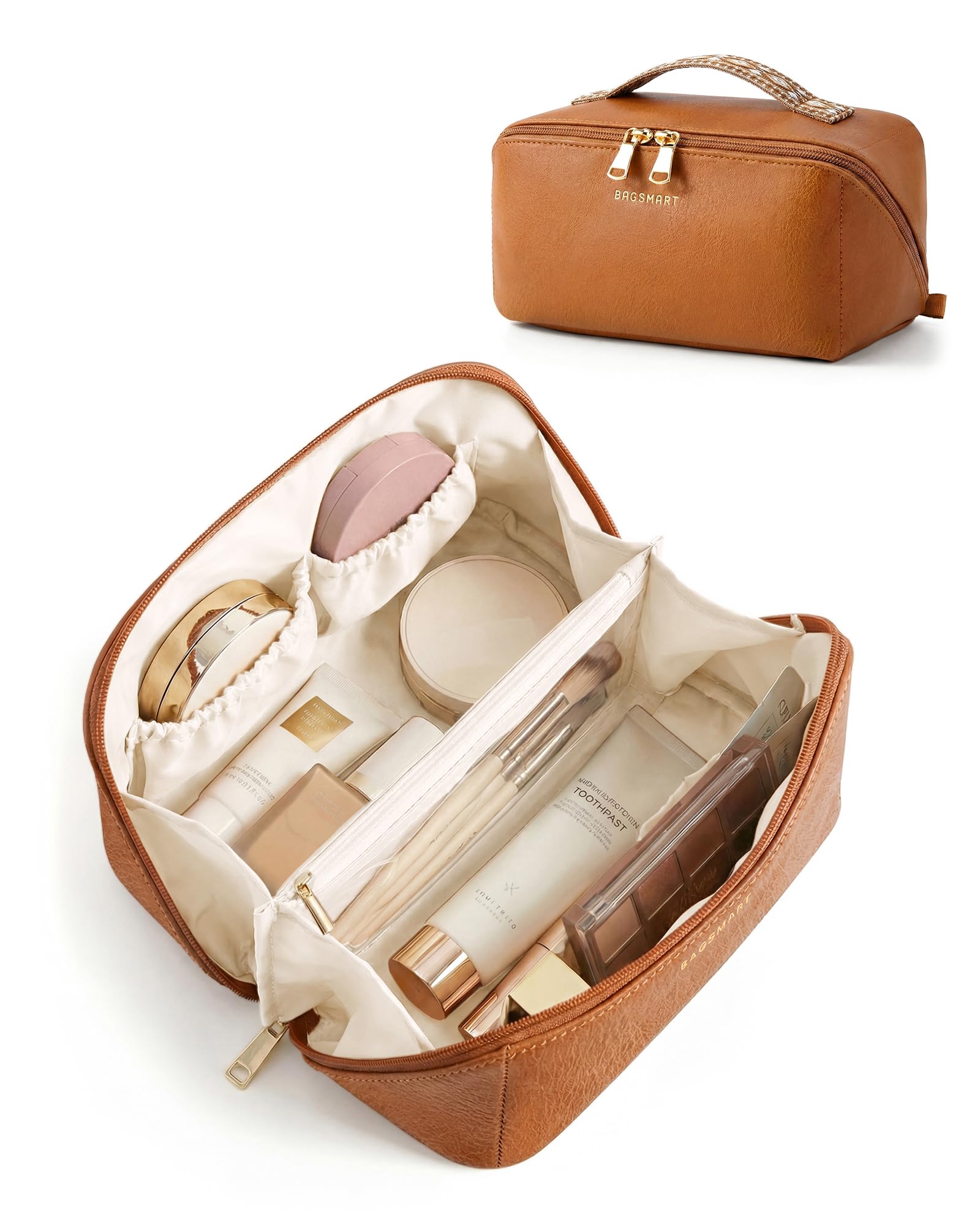 BAGSMART Makeup Bag Travel Cosmetic Bag, Large Make Up Bag Flat Open Toiletry Bag for Women, PU Leather Travel Essentials Organizer Case, Wide-open Pouch Purse for Skincare, Brushes, Classic Brown — view 11