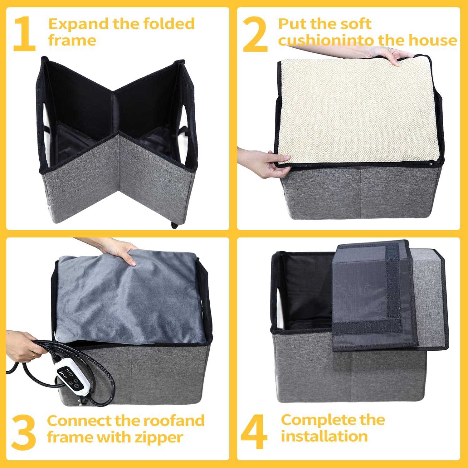 Heated Cat House for Outside-Waterproof & Windproof Outdoor Cat Shelter with Removable Heating Pad & LED Lights for All Seasons(Gray, 12"x15")