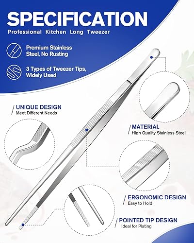 Miniatura 2 de Juego de pinzas de cocina fina, pinzas profesionales de acero inoxidable para alimentos, pinzas largas de cocina negras para cocinar, enchapar,