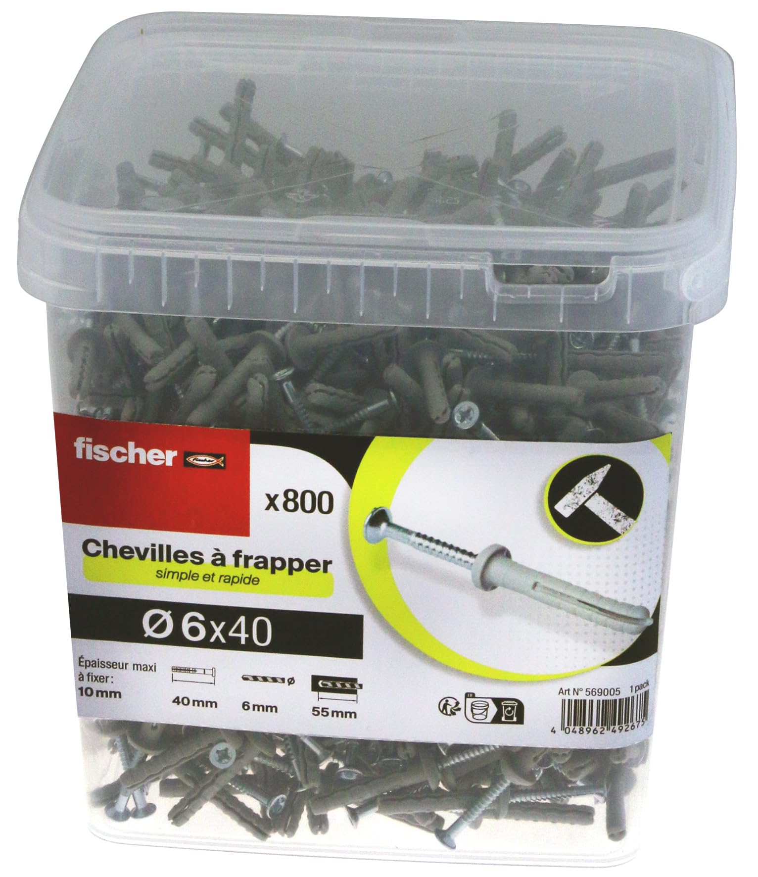 fischer - Seau de 800 Chevilles à Frapper 6 x 40 en Acier électrozingué, collerette Plate, Clou à Empreinte Pozidriv