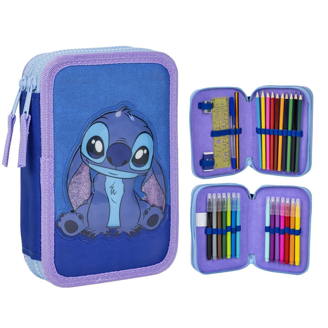 Disney Stitch Filled Pencil Case with School Supplies Kids Stationary Colouring Pencils Markers Gift for Girls (2 Compartments)