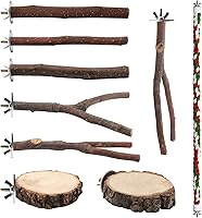 BILLIOTEAM 9-Piece Natural Apple Wood Bird Perches for Parakeets, Cockatiels, Budgies - Climbing Rope, Platforms & Branches Cage Toys