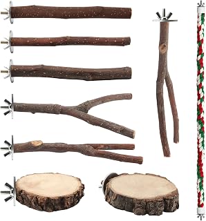 BILLIOTEAM 9-Piece Natural Apple Wood Bird Perches for Parakeets, Cockatiels, Budgies - Climbing Rope, Platforms & Branches Cage Toys