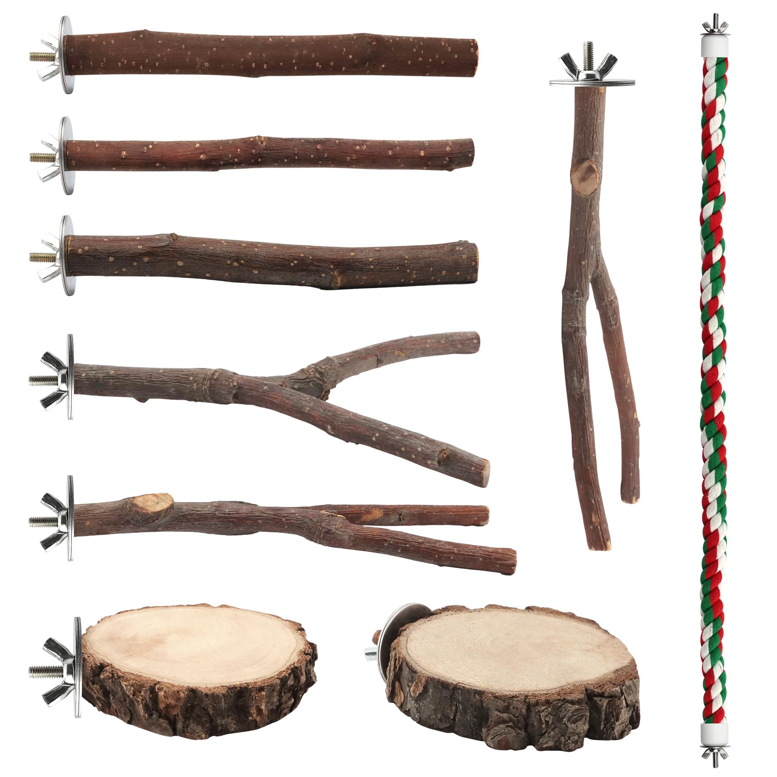 BILLIOTEAM 9PCS Apple Wood Bird Perches, Natural Parrot Stand & Chewing Toy with Multi-Branch, Straight Perch Stand, Platform & Climbing Rope, Cage Accessories for Parakeets, Cockatiels, Budgies