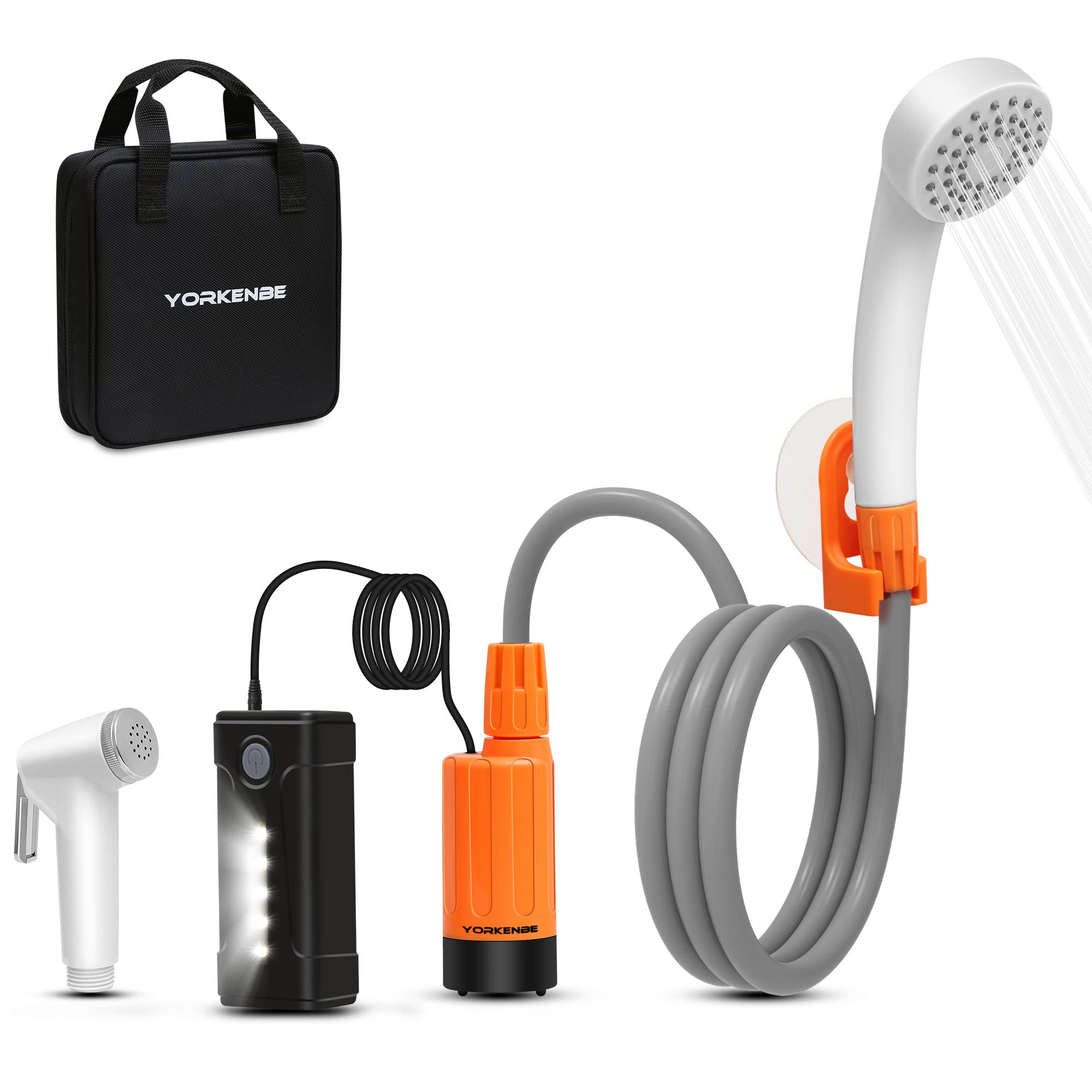 Yorkenbe Portable Shower for Camping, Rechargeable Portable Camping Shower, Camp Shower with Double Portable Shower Head and 2 Flow Mode, Camping Shower for Hiking Beach Swimming Outdoor Traveling