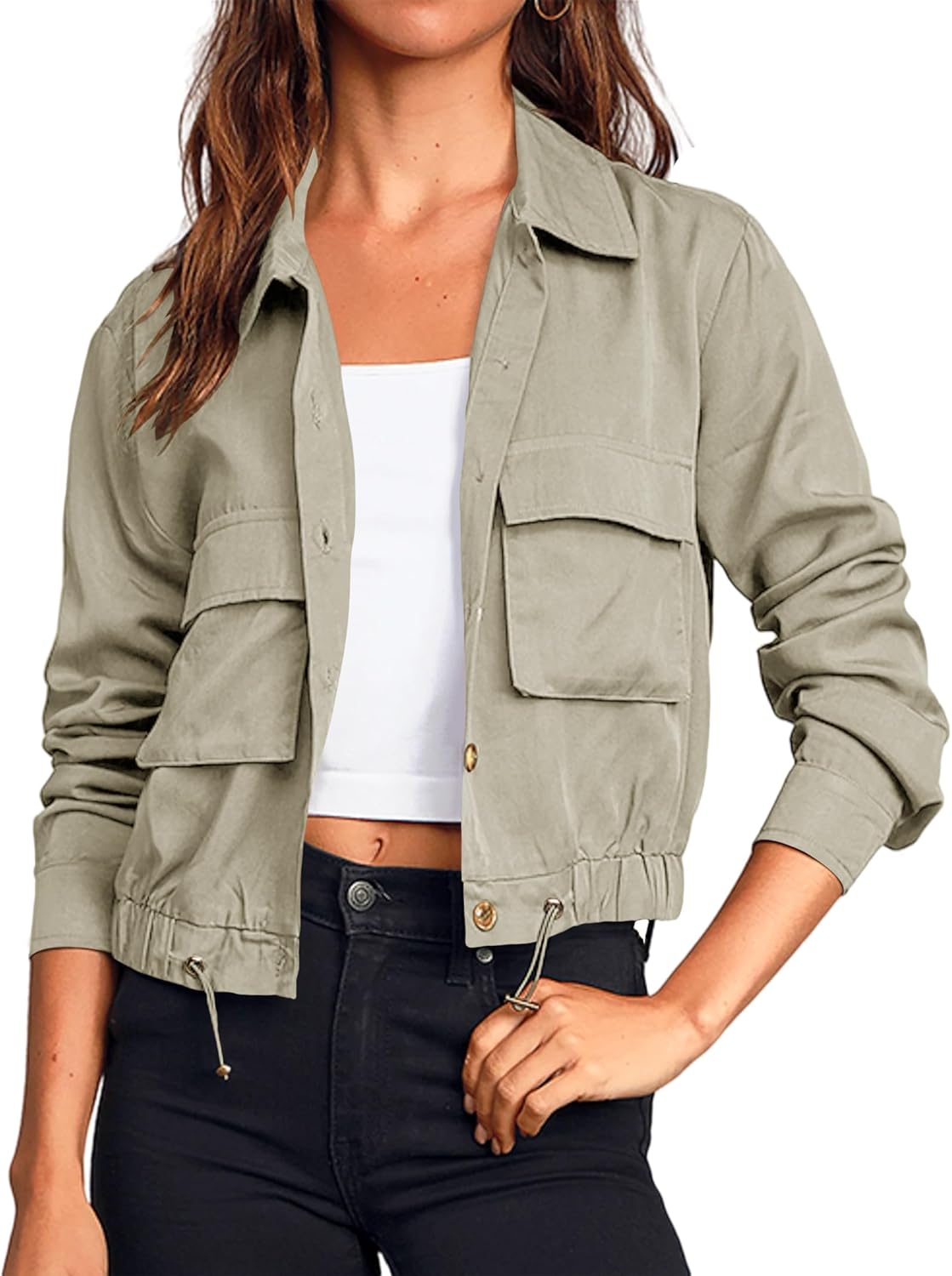 Onedreamer Women's Military Safari Cropped Jackets Button Down Lightweight Oversized Utility Anorak Coat with Pockets