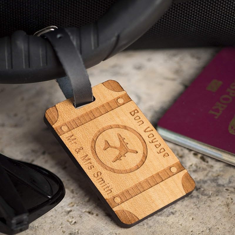 Personalised Laser Engraved Wooden Luggage Tag with Leather Strap
