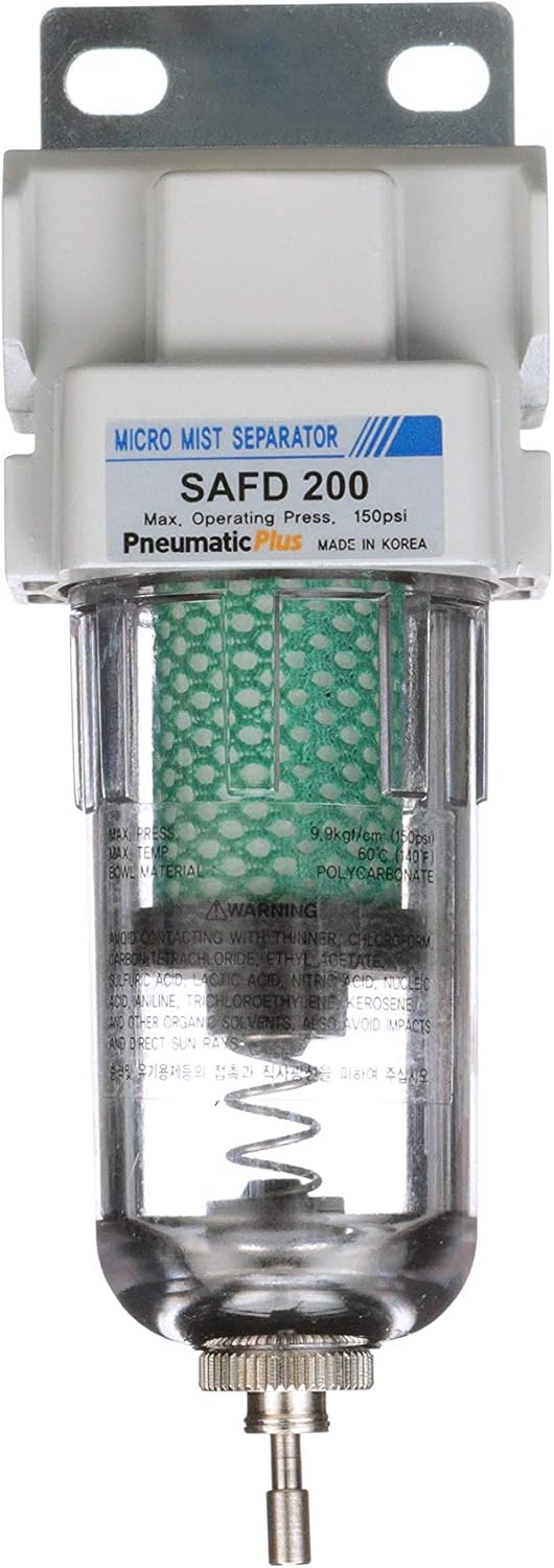PneumaticPlus SAFD200-N02B Miniature Compressed Air Coalescing Filter, 0.01 Micron 1/4" NPT - Poly Bowl, Manual Drain, Bracket