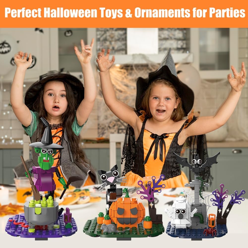 Halloween Building Blocks Set - Pumpkin Ghosts Witch Cat Grave Kit, Party Favors Gift Ornament for Kids