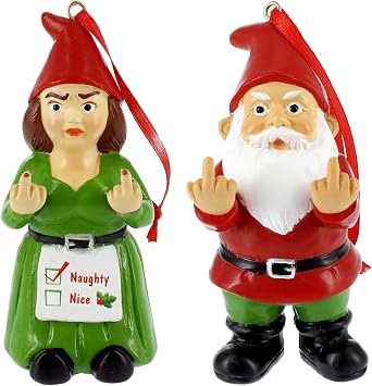 Gnometastic Gnomes Funny Christmas Ornaments Set - Double Bird Middle Finger Gnomes Inappropriate, Funny Christmas Ornaments for Adults, White Elephant Gifts for Adults and Fun Gnome Christmas Decor,