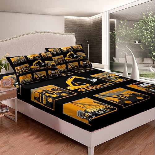 Miniatura 3 de Erosebridal Juego de sábanas para cama de excavadora, tractor, camión, sábana bajera ajustable para niños, niñas, adolescentes, caricaturas,