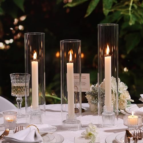 Miniatura 7 de Juego de 3 portavelas de vidrio de huracán para velas cónicas, portavelas con tubos de vidrio resistentes al viento (11.8 pulgadas12.6 pulgadas13.8