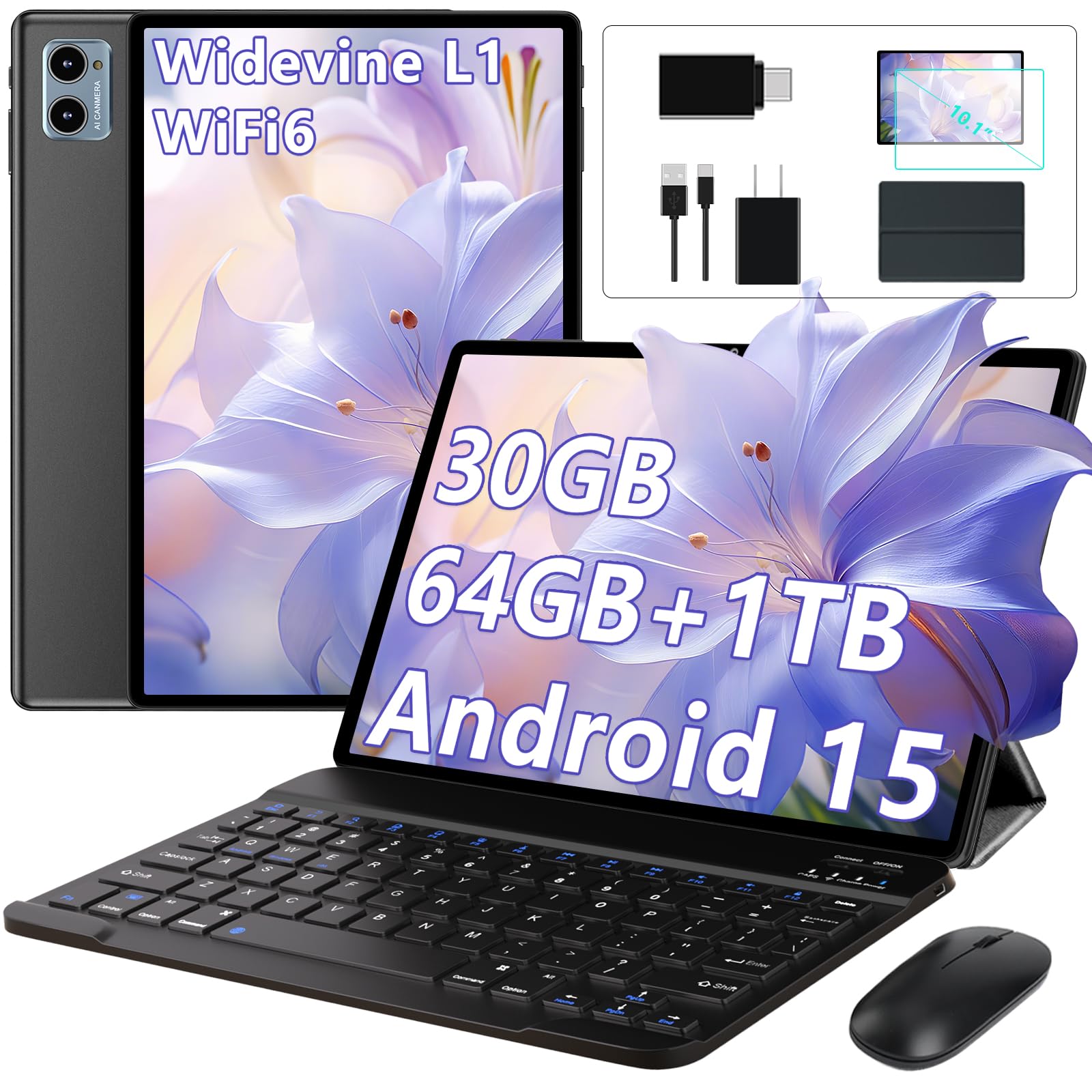 10 Inch Tablet Android 15 Tablets with Keyboard, 30GB 64GB 1TB Expand Tab PC with 2.0GHz Octa-Core, 8MP Camera, 6000mAh, GMS, WiFi 6, BT 5.0, FHD Display, Widevine L1, Gemini AI (Black)