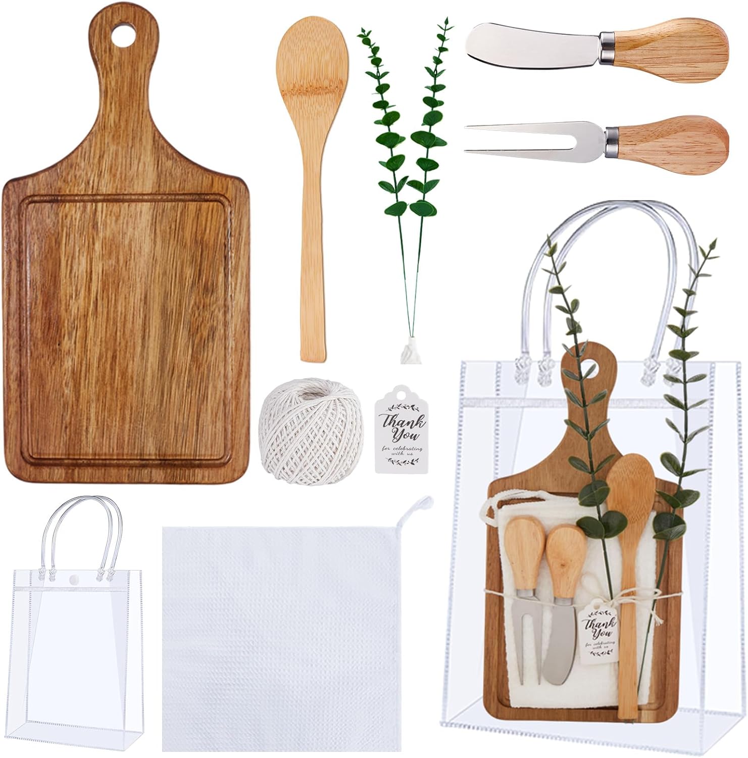 Baby Shower Prizes for Game Winners Wooden Square Cheese Board Gift With Spoon Fork Butter Spreaders Mini Cutting Board Bulk for Wedding Bridal Shower Favors (Acacia, 1 Set)